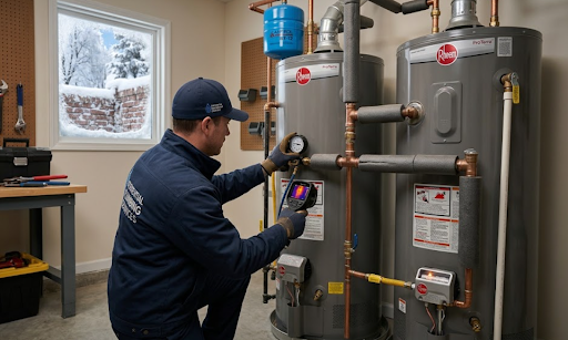 Mitigating Winter Thermal Shock and Sudden Pressure Drops in Residential Water Heating Systems Professional water heater inspection to prevent winter thermal shock, pressure drops, and freeze damage in Nashville homes.